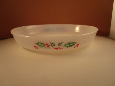 Vintage Dyno Ware Pyro-Rey Milk Glass Holly Berry Oval Vegetable Bowl
