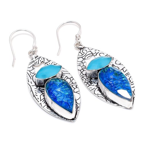 Triplet Opal, Chalcedony Gemstone 925 Silver Plated Jewelry Earring 2.36 "