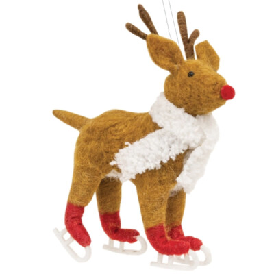 Ice Skating Reindeer Ornament - Wool Deer with Skates Christmas Holiday Decor