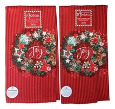 Set of 2 JOY Gingerbread Wreath Christmas Terry Kitchen Towels, Kay Dee Designs