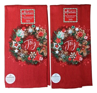 Set of 2 JOY Gingerbread Wreath Christmas Terry Kitchen Towels, Kay Dee Designs