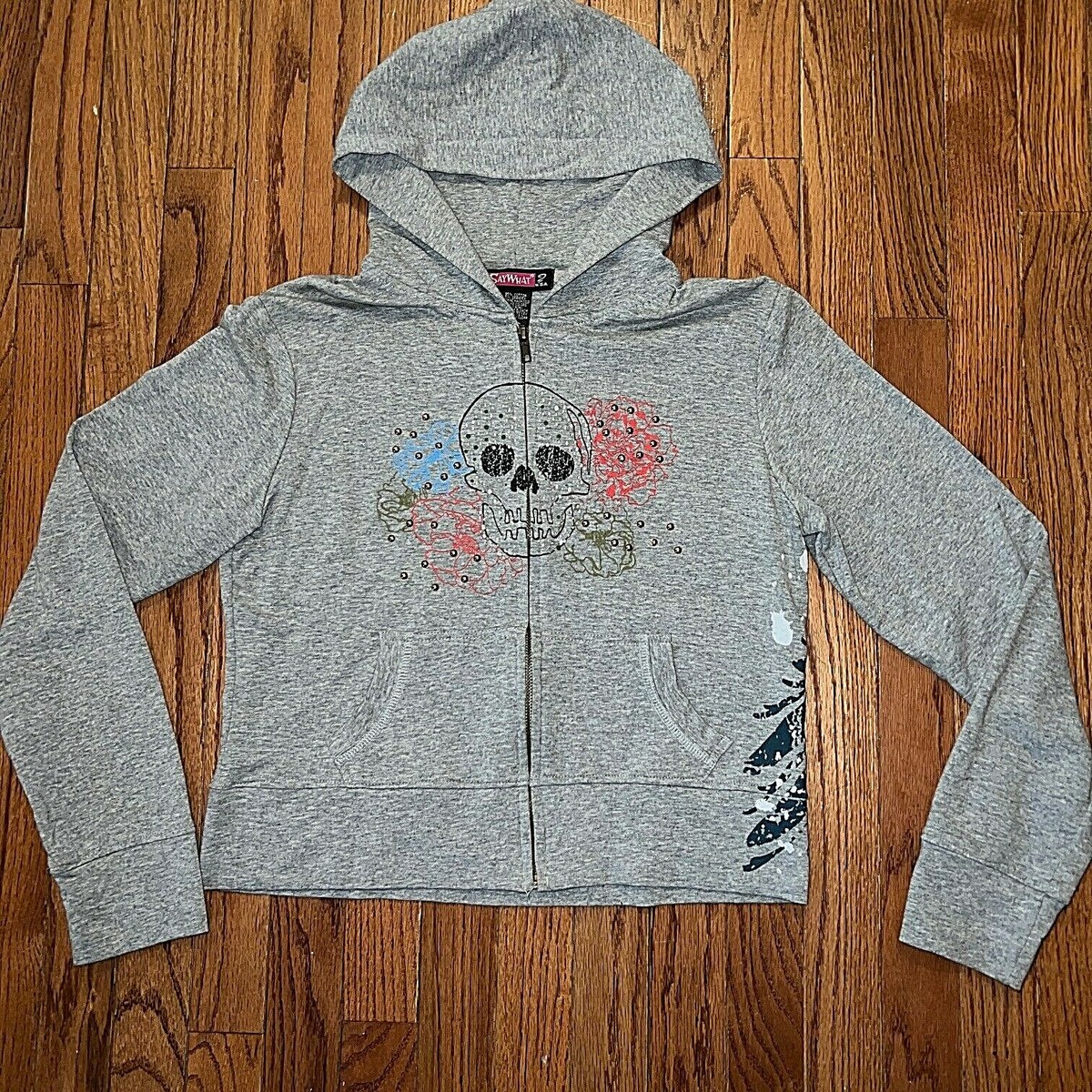 Skull Hoodie Zip Jacket Lightweight, Sz-Junior Lg, Grey Skull
