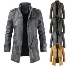 New Mens Thicken Warm Stand Collar Casual Jacket Zipper Faux Leather Midi Coat
