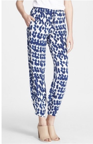White Ikat Print Drawstring Pants 