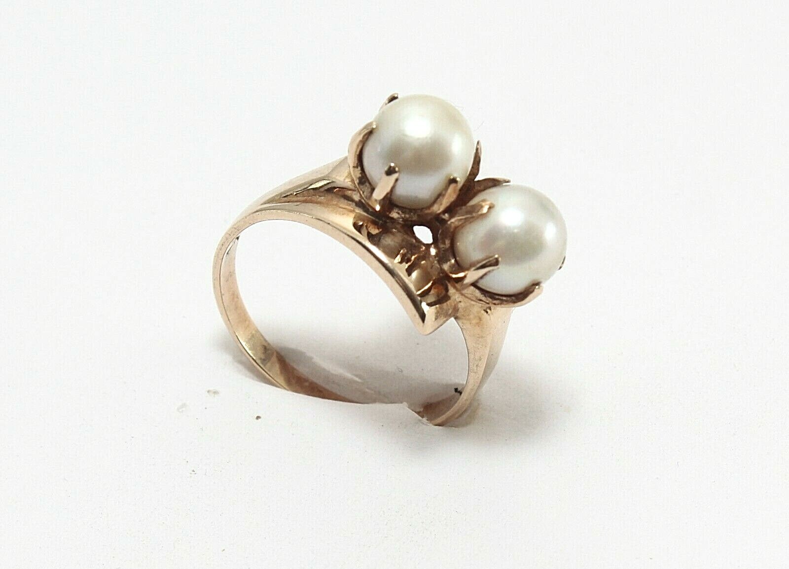 14k Solid Gold  Ring with Two Prong Set Pearls  S… - image 1