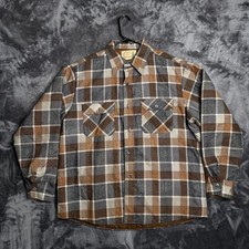 Vintage Sears Fieldmaster Quilted Flannel Collard Shirt Brown Grey Plaid XL