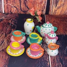 Vintage Mini Tea Set Tea Cups Plate Jars Collection Colorful RARE