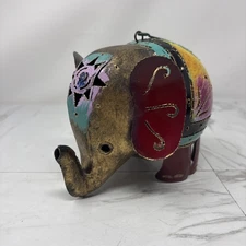 Hand Crafted Elephant Lantern Figurine 7.25" Long Tin Metal Animal Sculpture New
