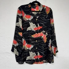 Citron Black Red Silk Butterfly Print Button Down Shirt Womens M Long Sleeve Top
