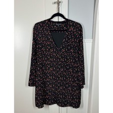 Madewell et Sezane 100% Silk Elly Floral Shift Mini Dress Size medium Black
