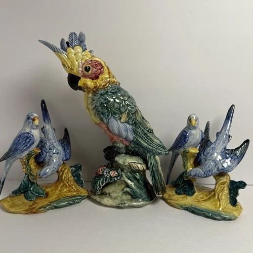 Stangl Pottery Lot 3584 3582 Large Cockatoo Pair of PARAKEETS Yellow Bird Bundle