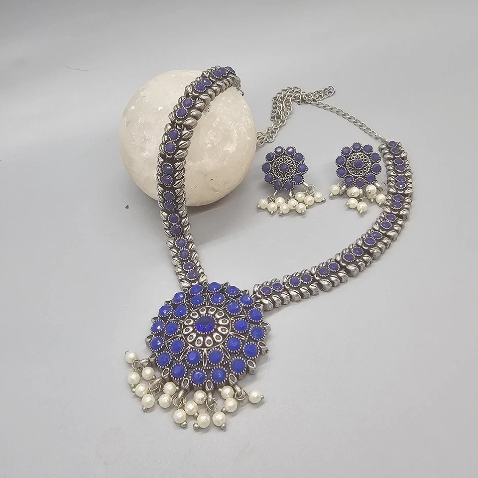 Conjunto de Pendientes Collar Chik Azul Elegante Brillo Oxidado Bollywood para Mujer Foto 2 de 4