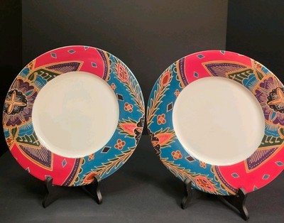 2008 Crate&Barrel 11''Arabesque Porcelain Dinner Plates Set Of 2 Made Bangladesh