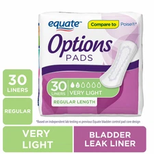 Equate Options Women's Incontinence Pads, Very Light, Regular Length (30 Count),