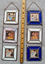 2 Fetco Stained Art Glass Hanging 3" Mini 3 Picture Frames Opening 2"x2" Chain
