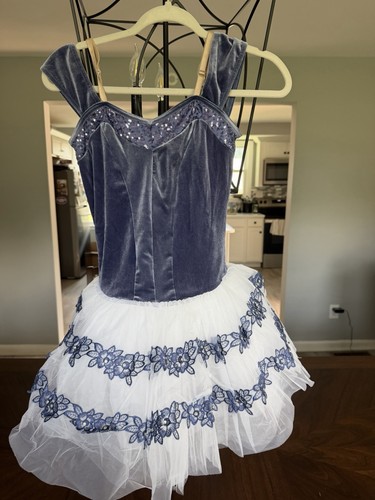 Weissman Blue Velvet Floral Ballet Dance Costume Sequin Bodice Tulle Skirt