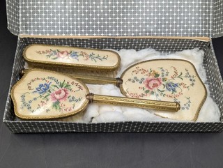 Vintage Boxed Dressing Table Set Embroidered Gold Tone Brushes & Mirror