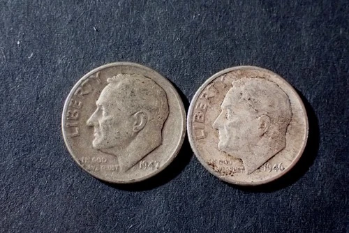 Two  Roosevelt Dimes  1946D 1947D Good Cond 90% Silver   Lot ROOS  065