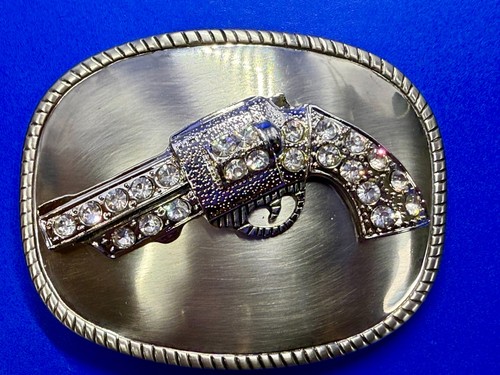 Jeweled Gun Pistol Revolver Rhinestone Accented Silver Color Oval Belt Buckle - 第 5/22 張圖片