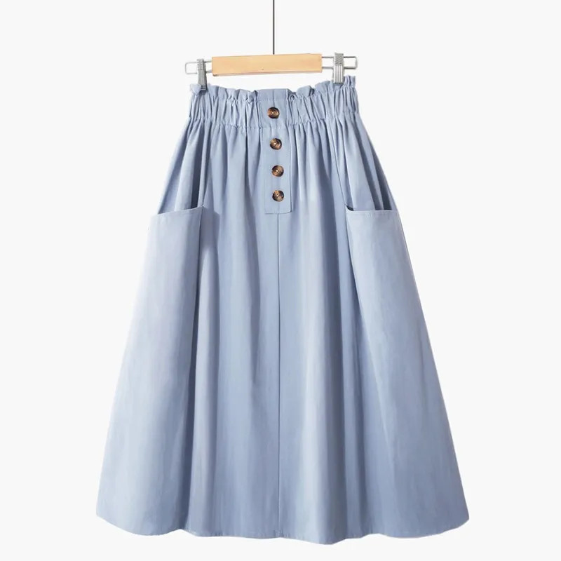 Women's Solid Color High Waisted Skirt With Double Pocket Buttons Artistic Style