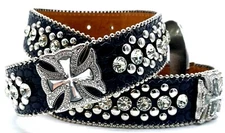 BLING CROSS WESTERN RHINESTONE MOTORCYCLE BLACK GENUINE LEATHER BELT 1 1/2" WIDE