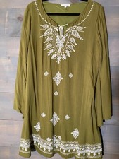 Entro Dress Womens  Long Flutter Sleeve front tie w/ tassels embroidered Size L