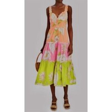 Farm Rio Women's M Neon Floral Tiered Midi Dress Party Cocktail