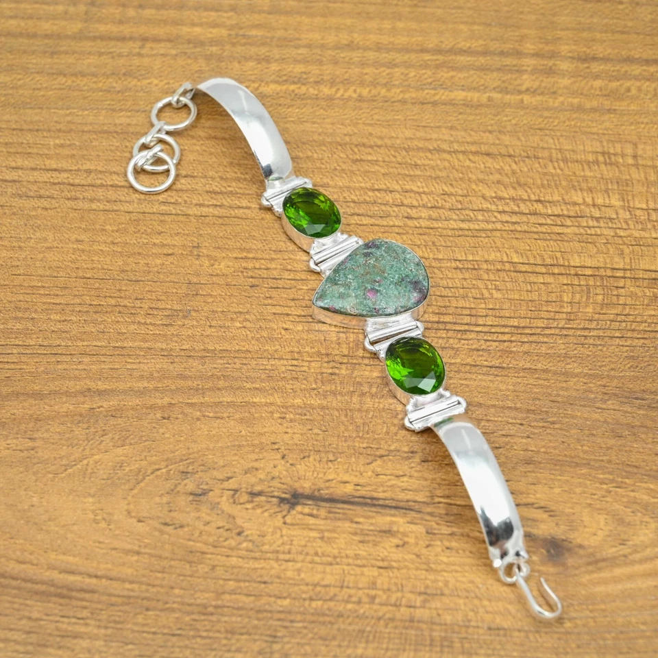Ruby Fuchsite Peridot Bracelet 925 Sterling Silver Natural Handmade Bracelet - Image 2 of 4