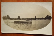 unidentified motor boat, launch on lake rppc real photo postcard