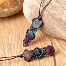 Natural Rainbow Fluorite Wand Pendant Wrap Crystal Charm Necklace Gift for Him