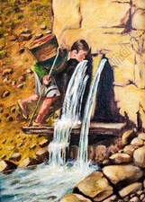 Antique Artwork Boy Drinking from Waterfall Instant DOWNLOAD Farmhouse Decor