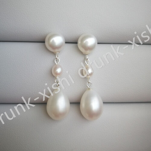 Par clásico de pendientes colgantes de perlas blancas AAAA oro blanco 14k p - Imagen 1 de 8