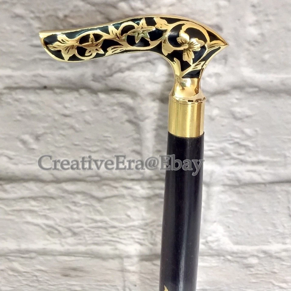 Bastón de diseño con mango de cabeza de resina de latón negro con incrustaciones de latón  Foto 4 de 4