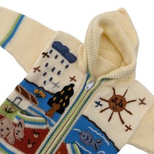 Kids Hand Knit Beige Hooded Cardigan Sweater Size 18 M Animals Naturecore