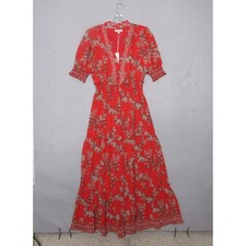 Max Studio Dress Red Floral Maxi Tiered Smocked Boho Cottage Core Prairie NWT