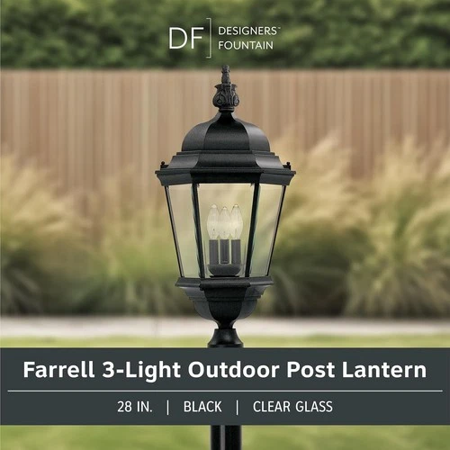 3-Light 28" Black Outdoor Post Lantern, Clear Glass, Classic Style 💡 - Picture 2 of 6