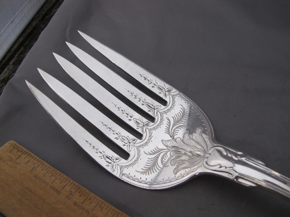 Huge BAILEY & CO Fiddle Thread & Shell Coin Silver SERVING FORK-11 1/2 Inches - Image 2 of 4
