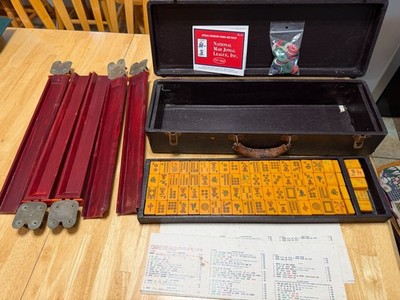 Mah Jong Majong vintage bakelite set 156 tiles 5 racks chips case instrctions