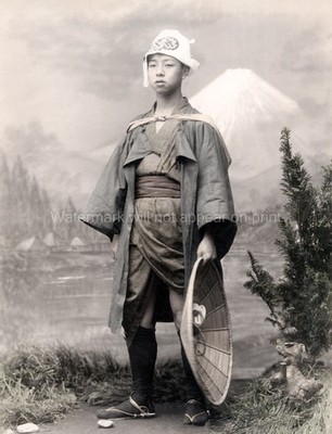 Japan Farm Worker Young Man Traditional Clothing Mount Fuji Vtg. Photo 19thC.