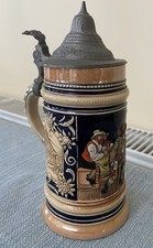 Vintage German Beer Stein Tankard With Pewter  Lid Ceramic