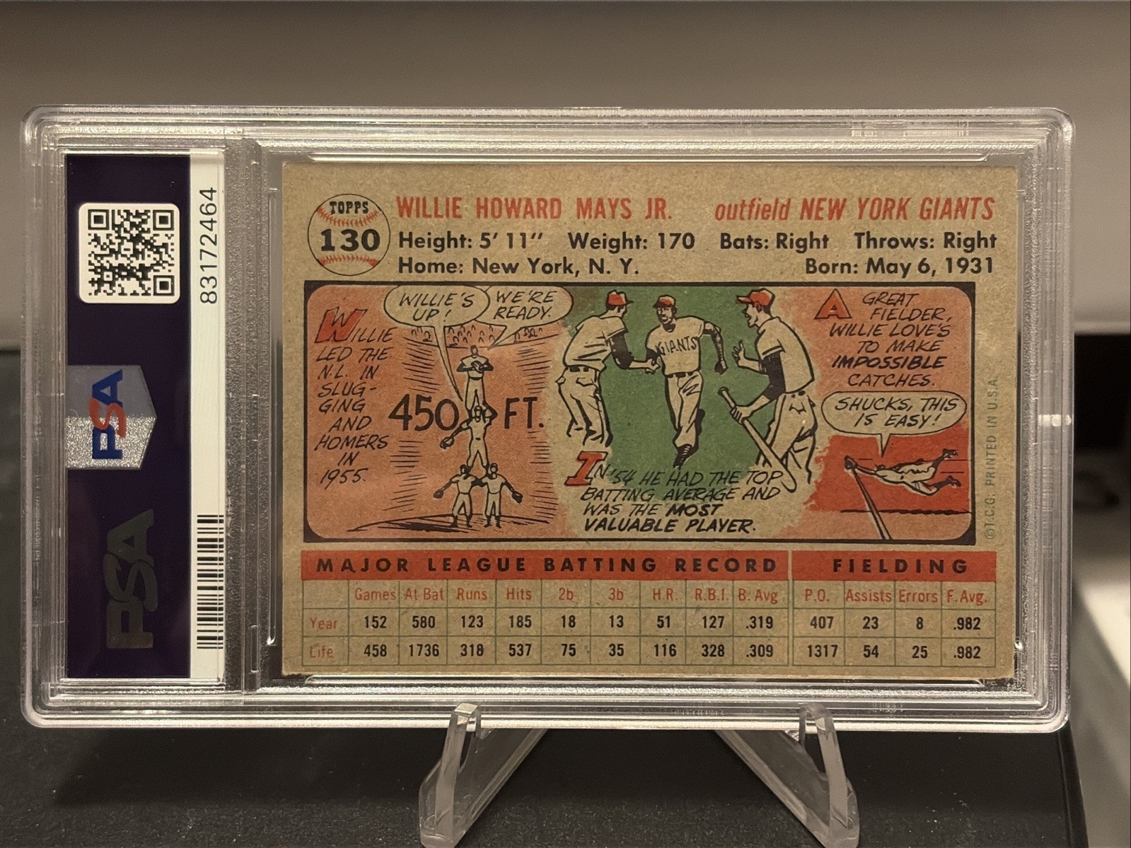 1956 TOPPS #130 WILLIE MAYS - GRAY BACK! PSA 6 EX-MINT! GIANTS! view 3