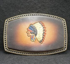 WE03149 REALLY NICE VINTAGE 1970s  INDIAN CHIEF  LEATHER ARTWORK BELT BUCKLE