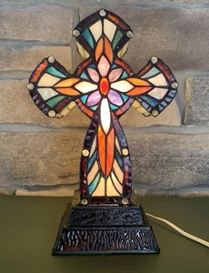 Tiffany Lighted Cross Tabletop Cross Stained Glass Desktop Christian 12x8x3”