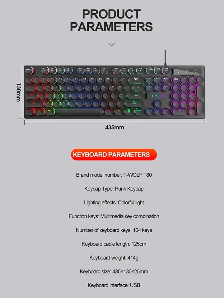 T-WOLF Shadow Wired Gaming Keyboard Mechanical Feel RGB Backlit 104 Keys USB - Image 3 of 4