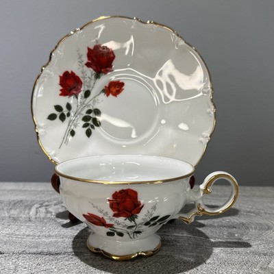 Hutschenreuther SYLVIA Red Roses Cup And Saucer Set Vintage Porcelain Germany
