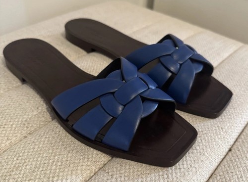 Authentic EXCELLENT Saint Laurent Flat Tribute Leather Sandals Blue 38.5