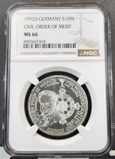 1992 GERMANY SILVER 10 MARK CIVIL ORDER OF MERIT NGC MS 66 GEM BU RARE TOP POP 1