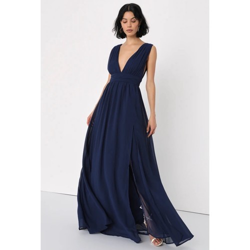 Lulu's Heavenly Hues Navy Blue V Neck Maxi Dress Bridesmaid Woven Prom L New - Picture 5 of 17