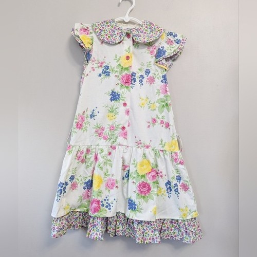 Vintage Floral Drop Waist Dress Peter Pan Collar 8 Girls Cottage Kawaii Dainty - Picture 2 of 12