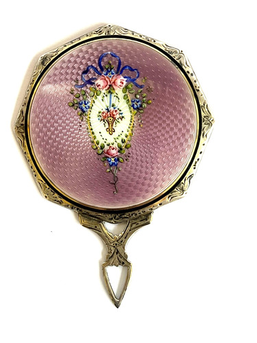 Antique Art Deco STERLING GUILLOCHE Enamel Purse Hand Mirror -Small 3.5" x 2.5"